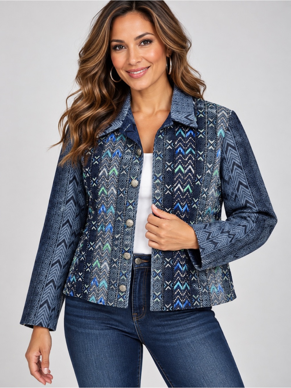 Coldwater Creek Small Blue Embroidered Beaded Chevron Jacket Boho Tapestry S